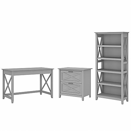 Bush Furniture Key West 48"W Writing Desk With 2-Drawer Lateral File Cabinet And 5-Shelf Bookcase, Cape Cod Gray, Standard Delivery