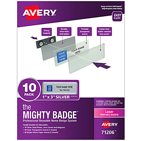 Avery® The Mighty Badge Magnetic Badges For Laser Printers, 1" x 3", Silver, Pack Of 10 Badges