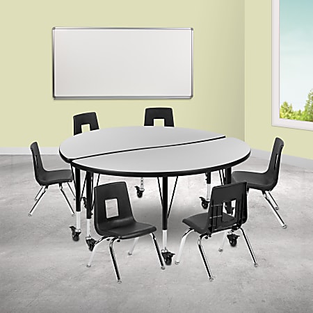 Flash Furniture Mobile 47-1/2" Circle Wave Flexible Laminate Activity Table Set With 12" Student Stack Chairs, Gray