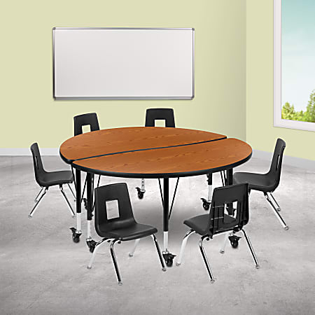 Flash Furniture Mobile 47-1/2" Circle Wave Flexible Laminate Activity Table Set With 12" Student Stack Chairs, Oak