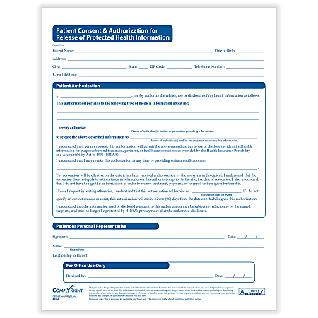 ComplyRight® HIPAA Patient Consent & Authorization For Release of PHI, 8-1/2" x 11", Pack of 200