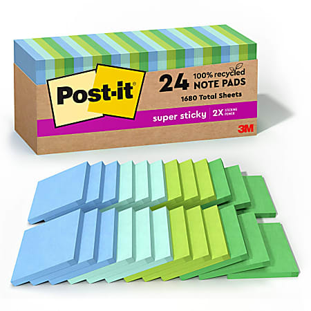 Post-it Recycled Super Sticky Notes, 3 in x 3 in, 24 Pads, 70 Sheets/Pad, 2x the Sticking Power, Oasis Collection, 100% Recycled