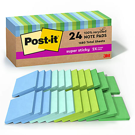 Post-it Recycled Super Sticky Notes, 24 Pads, 3 in x 3 in, 100% Recycled, 2x the Sticking Power, School Supplies and Office Products, Sticky Notes for Vertical Surfaces, Monitors, Walls and Windows, Oasis Collection