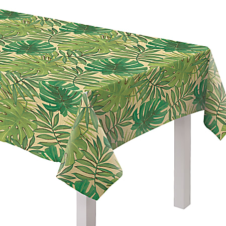 Amscan Summer Luau Island Palms Flannel-Backed Vinyl Table Cover, 52” x 90”, Green