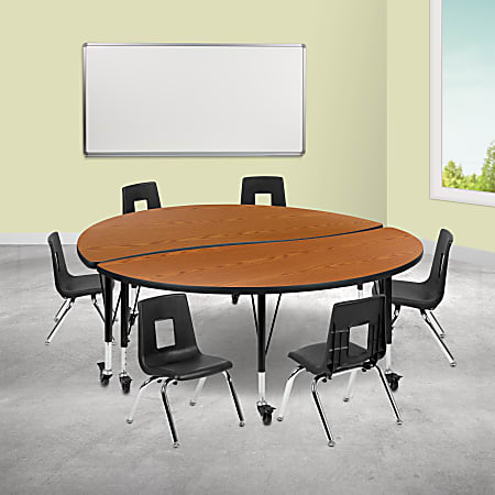 Flash Furniture Mobile 60" Circle Wave Flexible Laminate Activity Table Set With 12" Student Stack Chairs, Oak