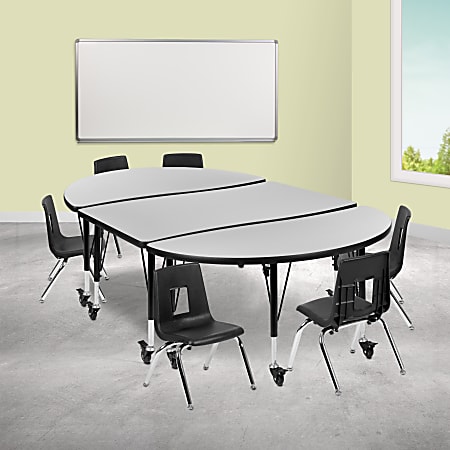 Flash Furniture Mobile 76" Oval Wave Flexible Laminate Activity Table Set With 14" Student Stack Chairs, Gray