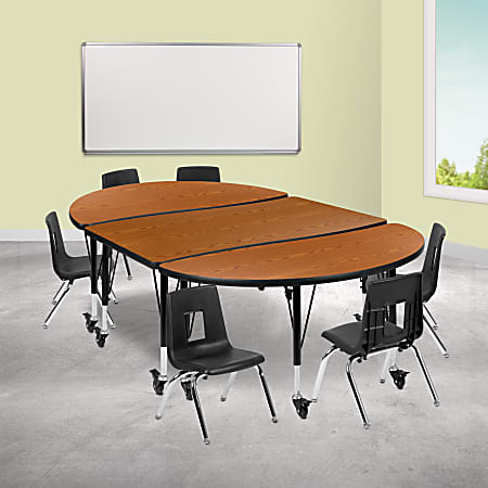 Flash Furniture Mobile 76" Oval Wave Flexible Laminate Activity Table Set With 14" Student Stack Chairs, Oak