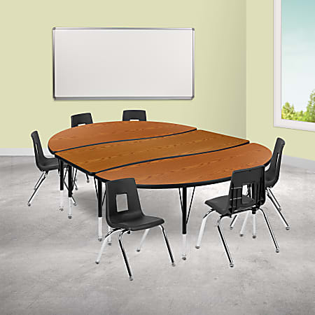Flash Furniture 86" Oval Wave Flexible Laminate Activity Table Set With 14" Student Stack Chairs, Oak