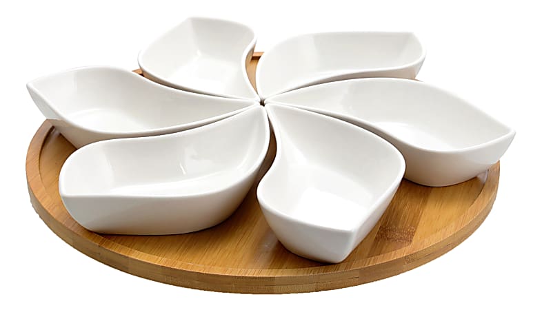 Elama Signature Modern 7-Piece Lazy Susan Server Set, 13-1/2", White/Bamboo