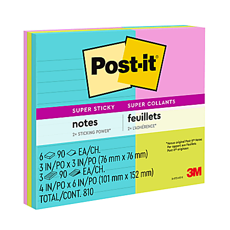 Post-it® Super Sticky Notes, Assorted Sizes, Supernova Neons Collection, Lined and unlined, 9 Pads/Pack, 90 Sheets/Pad