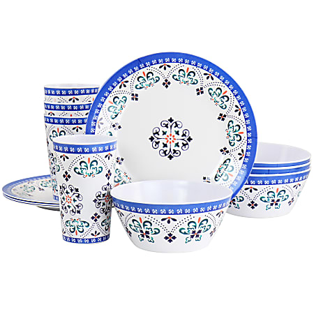 Gibson Everyday Alhambra Blues 12-Piece Melamine Dinnerware Set, Blue/White