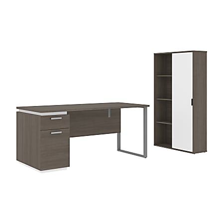 Bestar Aquarius 66"W Computer Desk With Single Pedestal And Storage Cabinet, Bark Gray/White