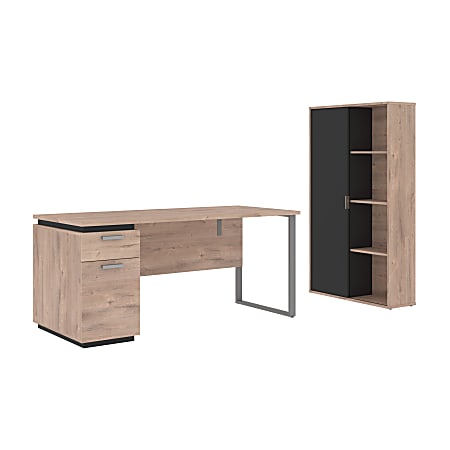 Bestar Aquarius 66"W Computer Desk With Single Pedestal And Storage Cabinet, Rustic Brown/Graphite