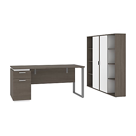 Bestar Aquarius 66"W Computer Desk With Single Pedestal And 2 Storage Cabinets, Bark Gray/White