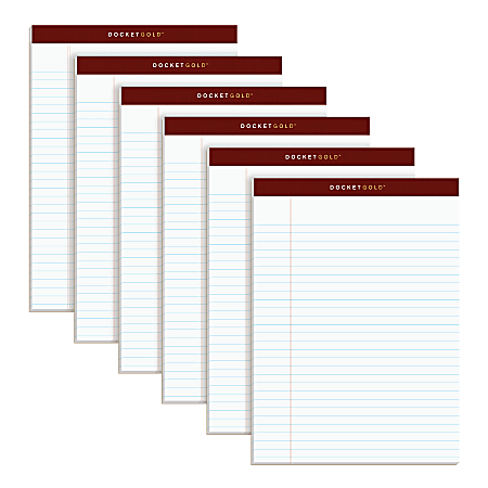 TOPS™ Docket Gold™ Premium Writing Pads, 8 1/2" x 11 3/4", Legal Ruled, 50 Sheets, White, Pack Of 6 Pads