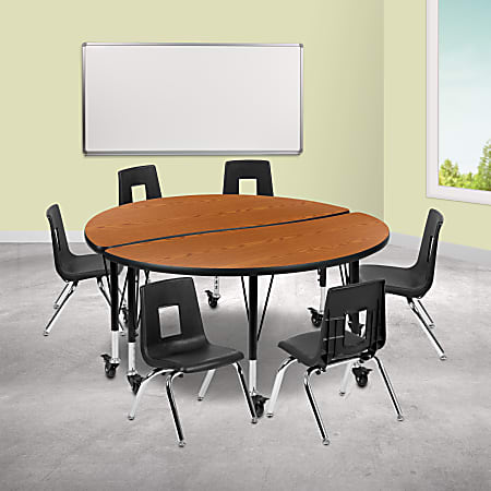 Flash Furniture Mobile 47-1/2" Circle Wave Flexible Laminate Activity Table Set With 14" Student Stack Chairs, Oak