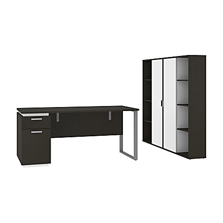 Bestar Aquarius 66"W Computer Desk With Single Pedestal And 2 Storage Cabinets, Deep Gray/White