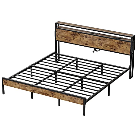 Bestier Metal Frame Platform Bed with Charge Station, Storage Headboard and LED Lights, King Size, Rustic Brown