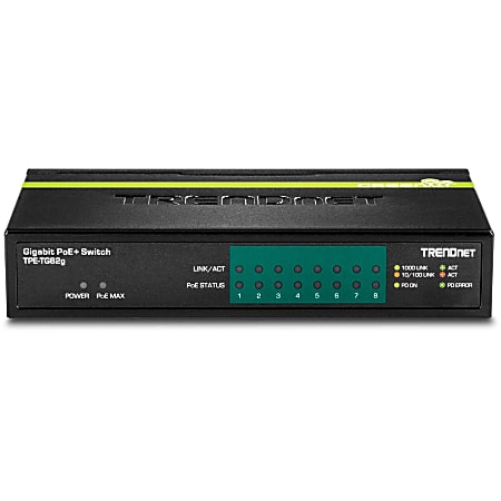 TRENDnet 8-Port GREENnet Gigabit PoE+ Switch, Supports PoE And PoE+ Devices, 61W PoE Budget, 16Gbps Switching Capacity, Data & Power Via Ethernet To PoE Access Points & IP Cameras, Black, TPE-TG82G - 8-Port Gigabit PoE+ Switch