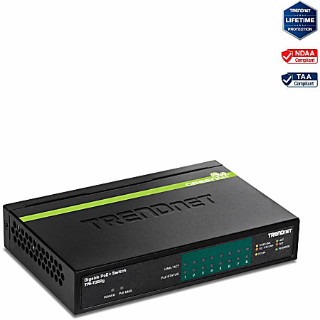 TRENDnet 8-Port GREENnet Gigabit PoE+ Switch, Supports PoE And PoE+ Devices, 61W PoE Budget, 16Gbps Switching Capacity