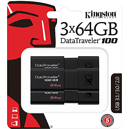 Kingston 64GB USB 3.0 DataTraveler 100 G3 (3 pcs) - 64 GB - USB 3.0 - 100 MB/s Read Speed - Black - 5 Year Warranty - 3 Piece