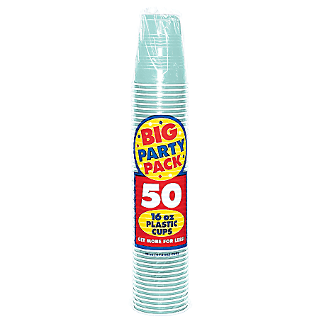Amscan Big Party Pack Plastic Cups, 16 Oz, Robin's Egg Blue, Pack Of 50 Cups, Case Of 4 Packs
