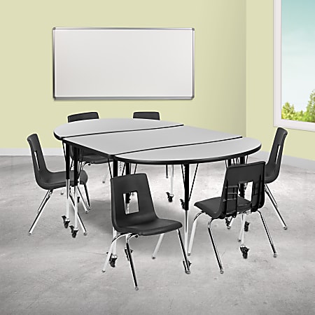 Flash Furniture Mobile 76" Oval Wave Flexible Laminate Activity Table Set With 16" Student Stack Chairs, Gray