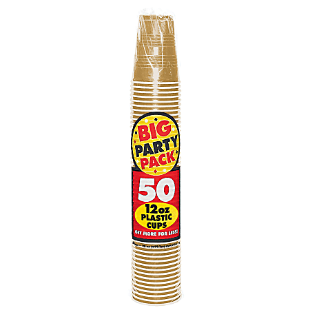 Amscan Big Party Pack Plastic Cups, 16 Oz, Gold, Pack Of 50 Cups, Case Of 4 Packs