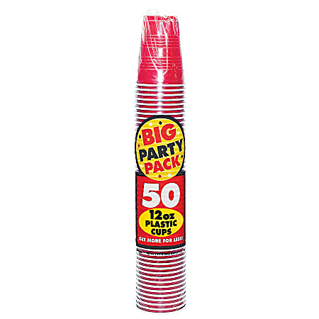 Amscan Big Party Pack Plastic Cups, 16 Oz, Apple Red, Pack Of 50 Cups, Case Of 4 Packs
