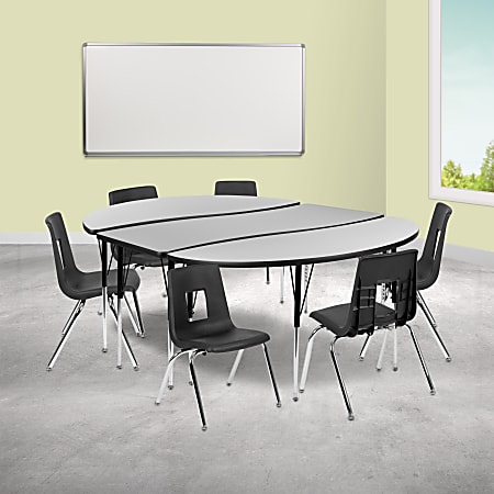Flash Furniture 86" Oval Wave Flexible Laminate Activity Table Set With 16" Student Stack Chairs, Gray