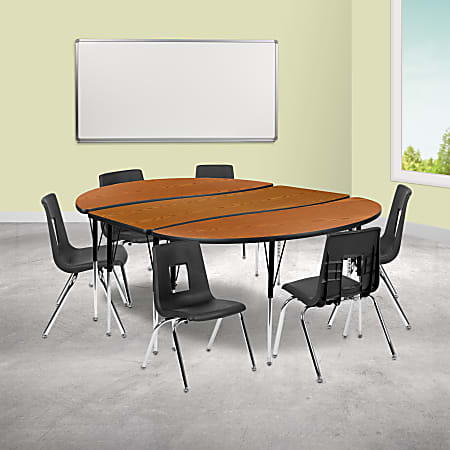 Flash Furniture 86" Oval Wave Flexible Laminate Activity Table Set With 16" Student Stack Chairs, Oak