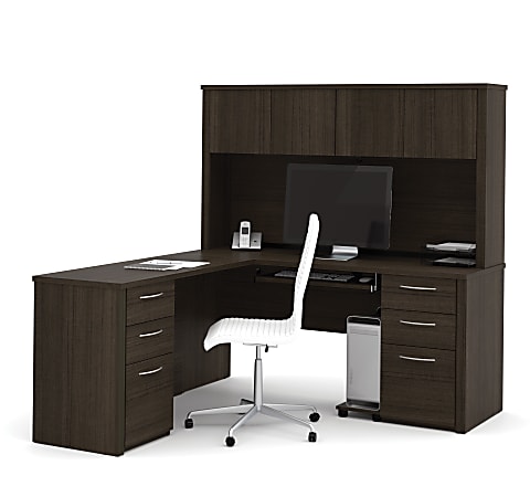 Bestar Embassy 66”W L-Shaped Corner Desk With 2 Pedestals And Hutch, Dark Chocolate