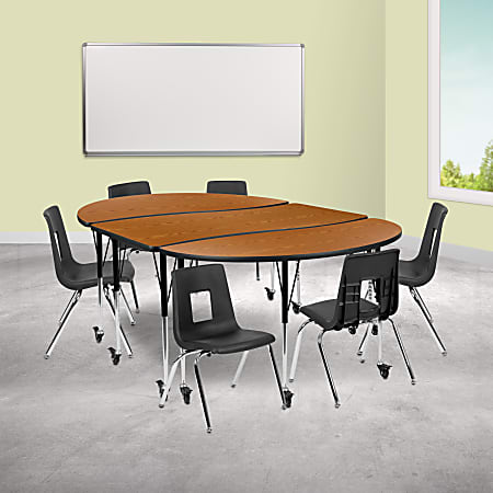 Flash Furniture Mobile 86" Oval Wave Flexible Laminate Activity Table Set With 16" Student Stack Chairs, Oak