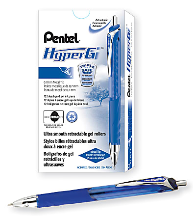 Pentel® HyperG™ Retractable Gel Roller Pen, Medium Point, 0.7 mm, 57% Recycled, Blue Barrel, Blue Ink, Pack Of 12