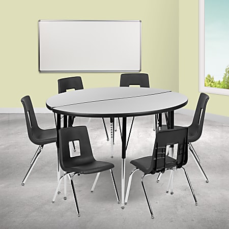 Flash Furniture 47-1/2" Circle Wave Flexible Laminate Activity Table Set With 16" Student Stack Chairs, Gray/Black
