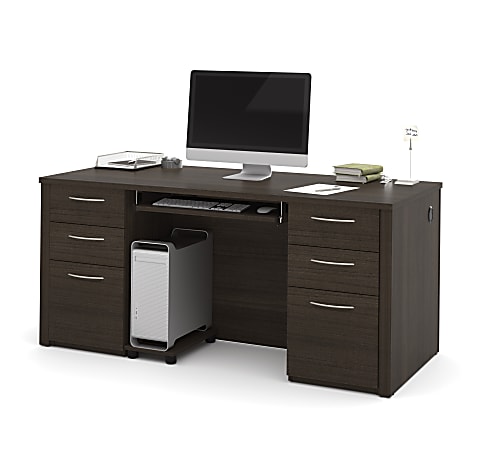 Bestar Embassy 66"W Executive Computer Desk With 2 Pedestals, Dark Chocolate