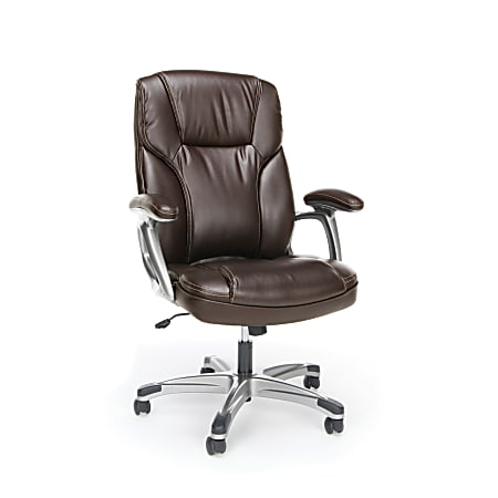 OFM Essentials Swiveling/Tilting Ergonomic Bonded Leather High-Back Chair, Brown/Black