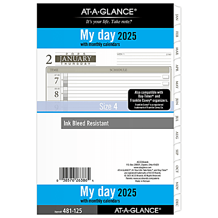 2025 AT-A-GLANCE® Daily Planner Refill, 5-1/2" x 8-1/2", Traditional, January 2025 To December 2025, 481-125