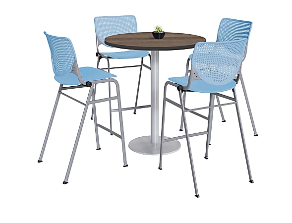 KFI Studios KOOL Round Pedestal Table With 4 Stacking Chairs, 41"H x 36"D, Studio Teak/Sky Blue