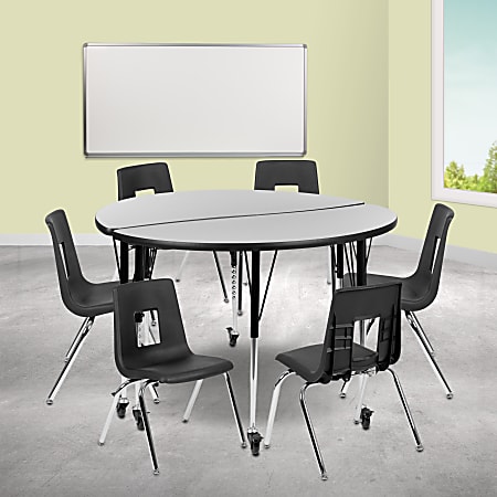 Flash Furniture Mobile 47-1/2" Circle Wave Flexible Laminate Activity Table Set With 16" Student Stack Chairs, Gray
