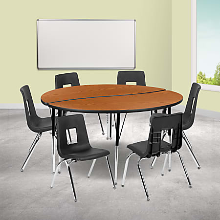 Flash Furniture 60" Circle Wave Flexible Laminate Activity Table Set With 16" Student Stack Chairs, Oak/Black