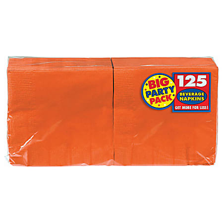 Amscan 2-Ply Paper Beverage Napkins, 5" x 5", Orange Peel, 125 Napkins Per Party Pack, Set Of 3 Packs