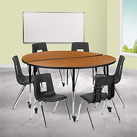 Flash Furniture Mobile 60" Circle Wave Flexible Laminate Activity Table Set With 16" Student Stack Chairs, Oak/Black