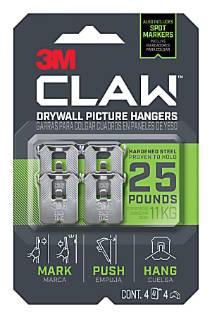 3M™ CLAW Drywall Picture Hanger 25-lb Capacity, Pack of 4 Hangers, 4 Spot Markers