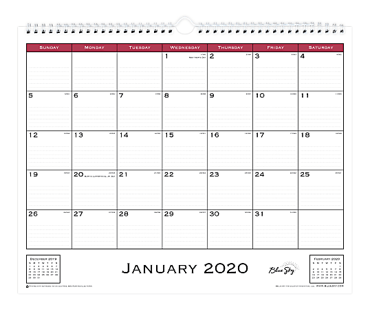 Blue Sky™ Monthly Safety Wirebound Wall Calendar, 12" x 15", Core Red, January To December 2020, 111292