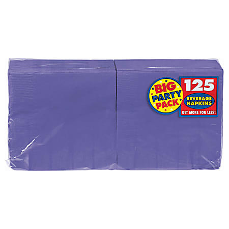 Amscan 2-Ply Paper Beverage Napkins, 5" x 5", Purple, 125 Napkins Per Party Pack, Set Of 3 Packs