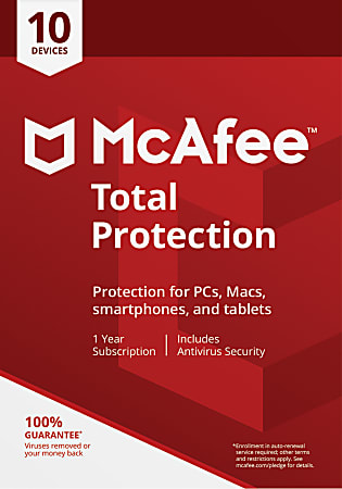 McAfee® Total Protection AntiVirus Software, For PC, Apple® Mac®, iOS, or Android, 10 Devices, 1-year subscription, eCard
