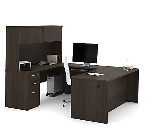 Bestar Embassy 72"W U-Shaped Executive Computer Desk With Pedestal And Hutch, Dark Chocolate