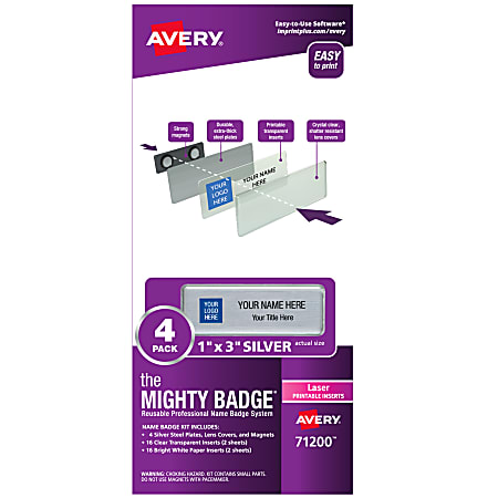 Avery® The Mighty Badge Magnetic Badges For Laser Printers, 1" x 3", Silver, Pack Of 4
