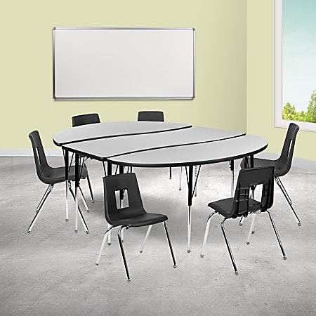 Flash Furniture 86" Oval Wave Flexible Laminate Activity Table Set With 18" Student Stack Chairs, Gray